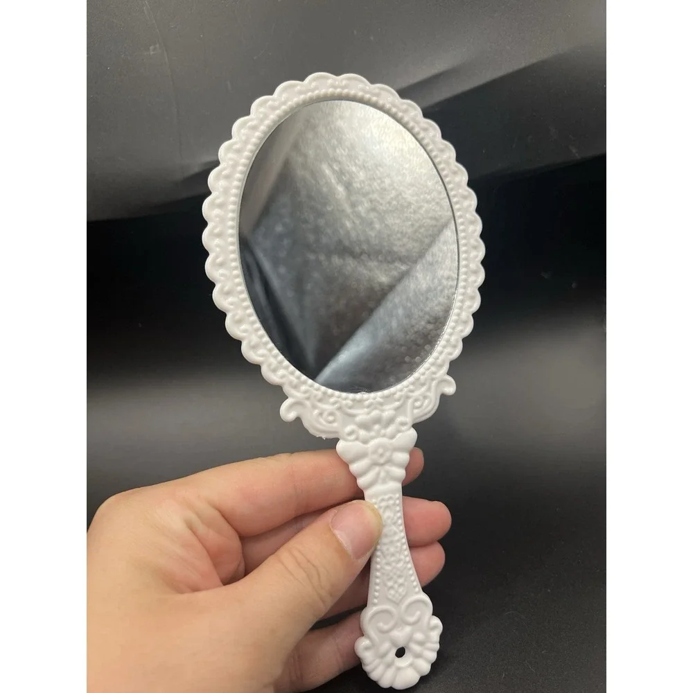 Vintage Style White Plastic Hand Mirror Vanity Makeup Ornate Victorian